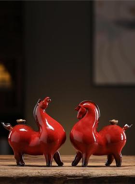 创意陶瓷马摆件马上有钱中式客厅办公室桌面装饰红色小唐马工艺礼