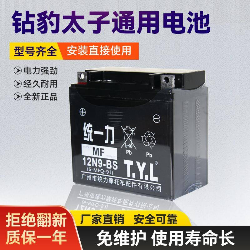 统一力TYL125摩托车电瓶12V9钻豹太子跨骑车通用12v蓄电池12N9-BS