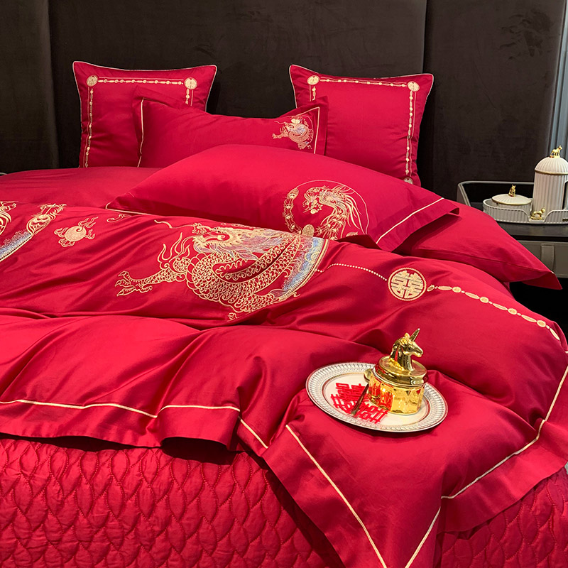 速发新中式红色婚庆100支长绒棉四件套龙凤刺绣纯棉结婚床盖床上