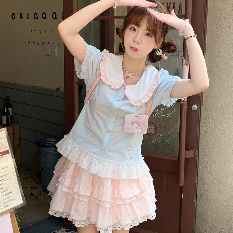sinsingirl兔兔学院 夏日漂亮小套装蓝撞粉色衬衫上衣+粉色半身裙