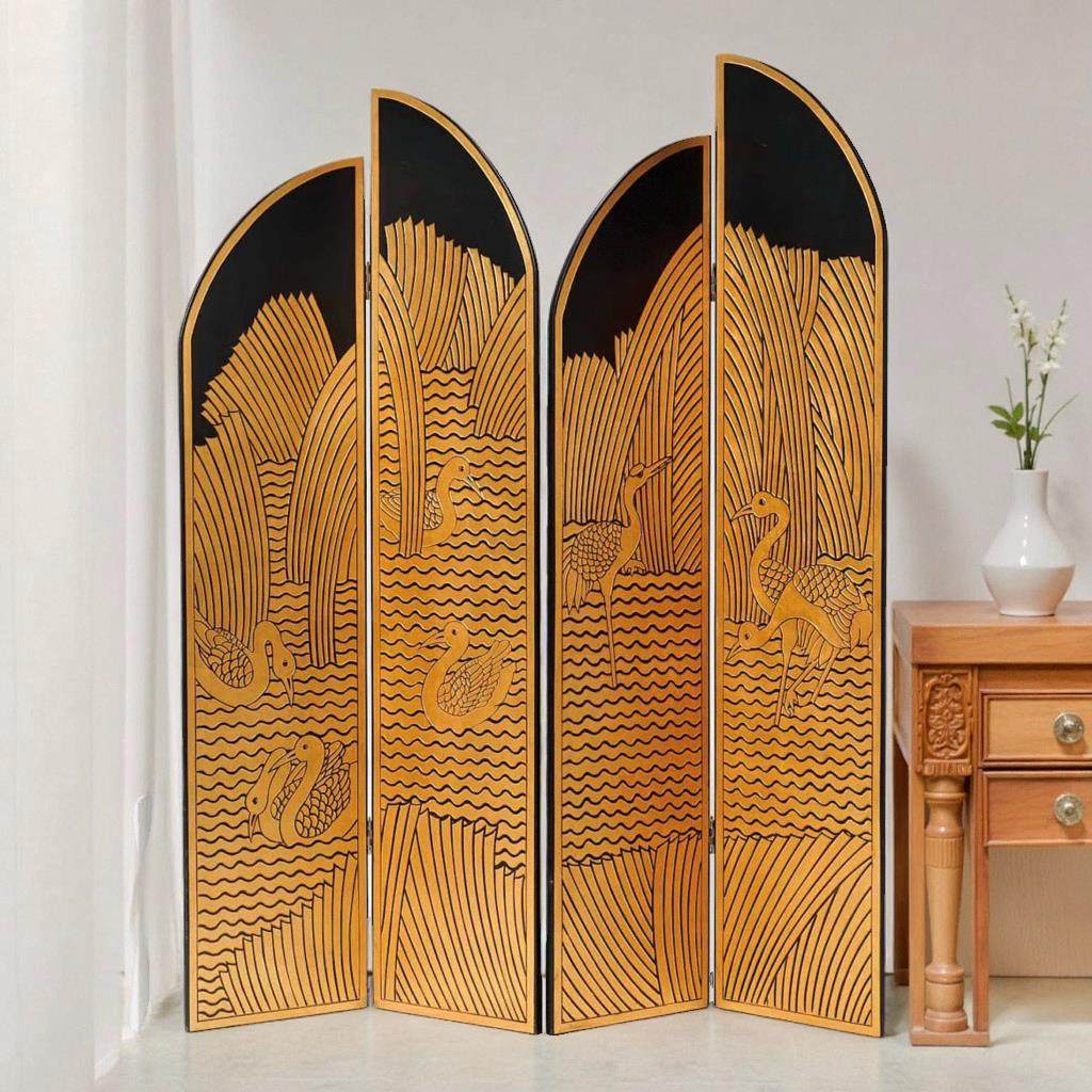 现代中式风格屏风折叠移动雕刻山水仙鹤漆画屏风隔断遮挡隔板折屏