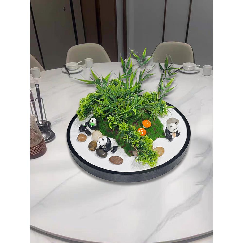 新中式大圆桌中间转盘摆花酒店餐桌摆件桌芯装饰假花摆设桌花盆景