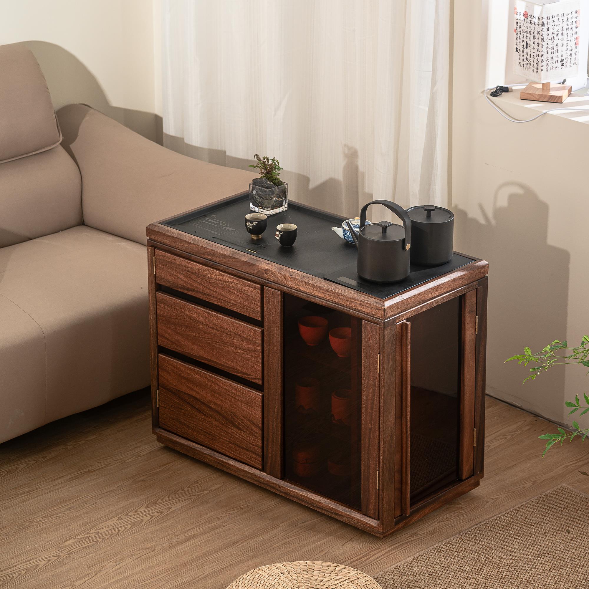 胡桃木实木移动茶台家用客厅边几茶水柜烧水壶一体小茶桌边柜茶车