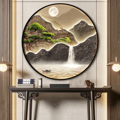 新中式玄关装饰画圆形带灯大气