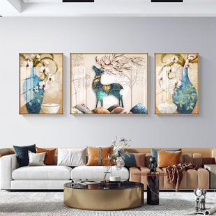 客厅装饰画镶钻晶瓷画大气招财沙发背景墙挂画玄关壁画现代三联画