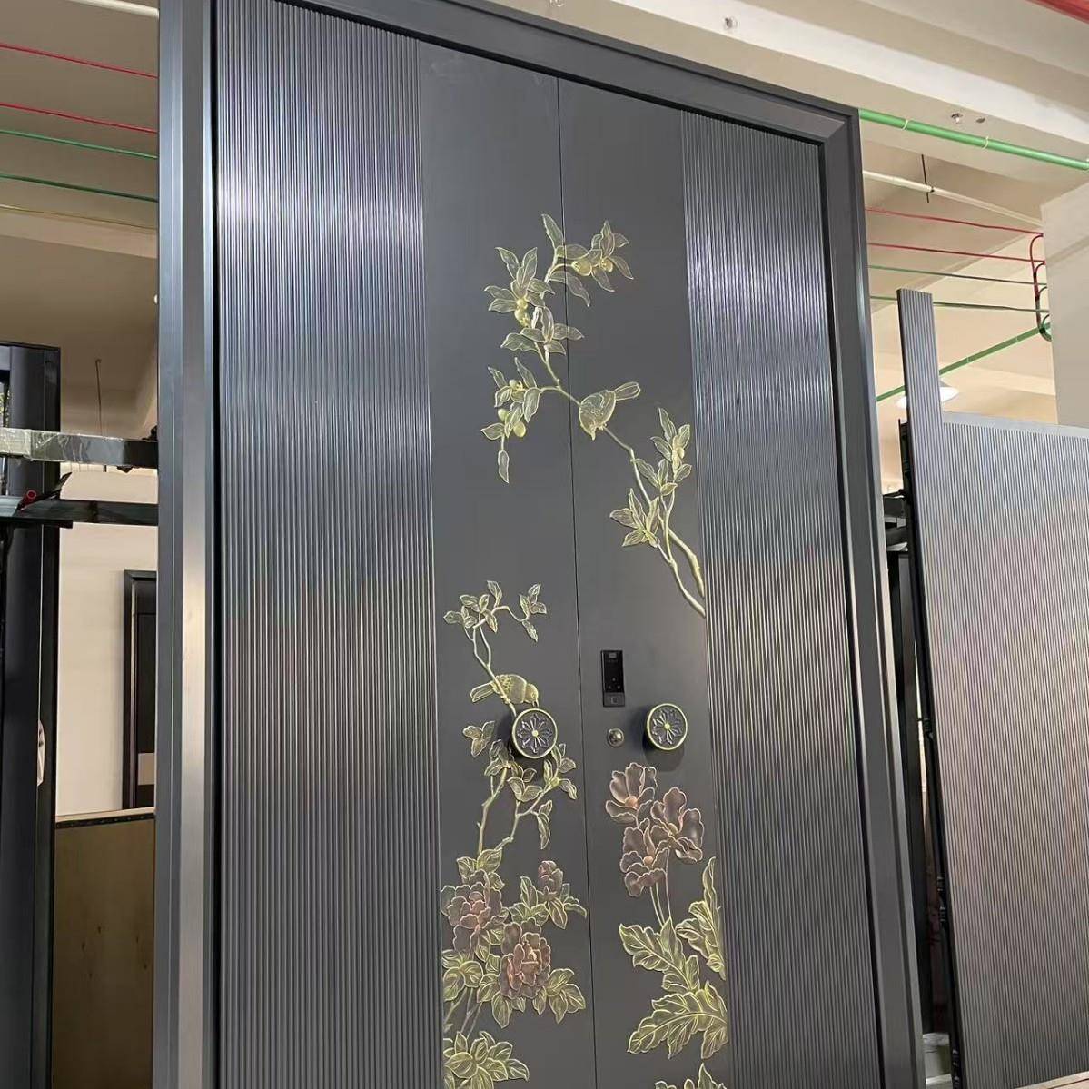 新中式花开富贵8个厚精雕铸铝门高端住宅别墅大门装甲烤漆入户门