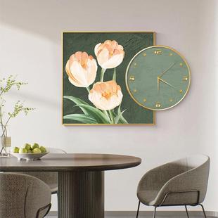 现代轻奢高档餐厅装 饰画郁金香客厅挂画创意组合时钟花卉饭厅壁画