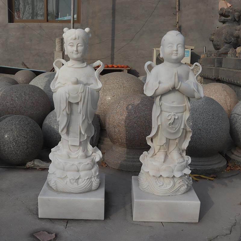 石雕童男童女汉白玉善财童子小龙女石像金童玉女墓地寺院供奉摆件