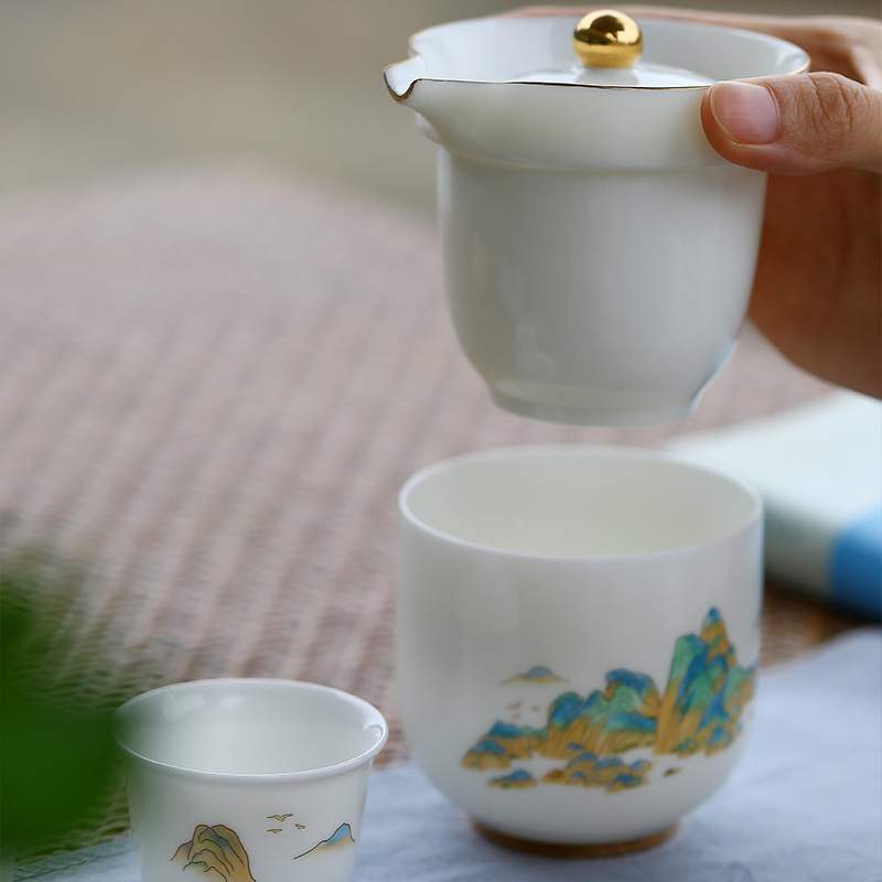 九匠风 陶瓷旅行茶具套装 户外便携包快客杯露营旅游一壶三杯套装