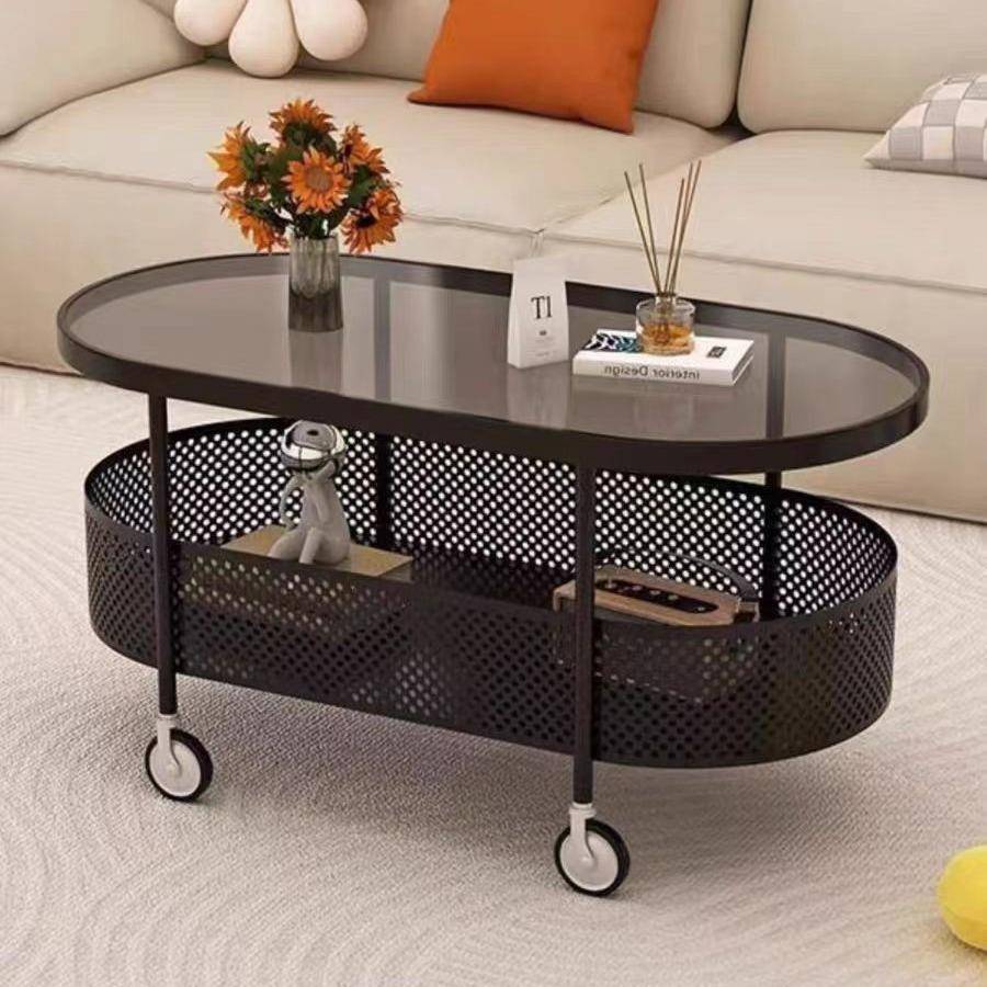 奶油白钢化玻璃边几小户型家用客厅沙发角几带轮创意铁艺小桌子