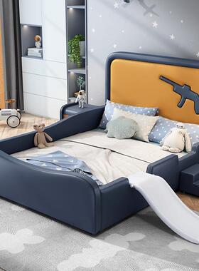 NRFB235#儿童床男孩带护栏拼接滑梯卡通小枪青少年小户型男生卧室