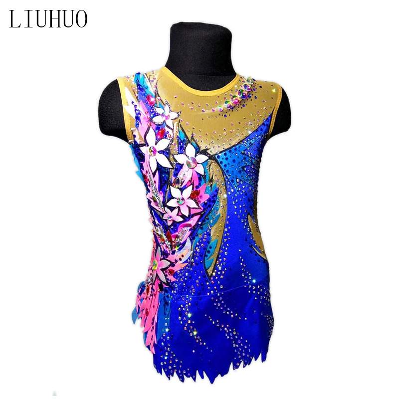 LIUHUO新款女艺术体操服健美花样溜冰比赛服儿童啦啦操演出服蓝色