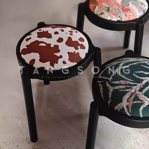 中古风实木餐椅小户型家用可叠放餐凳南洋复古风设计师卧室化妆凳