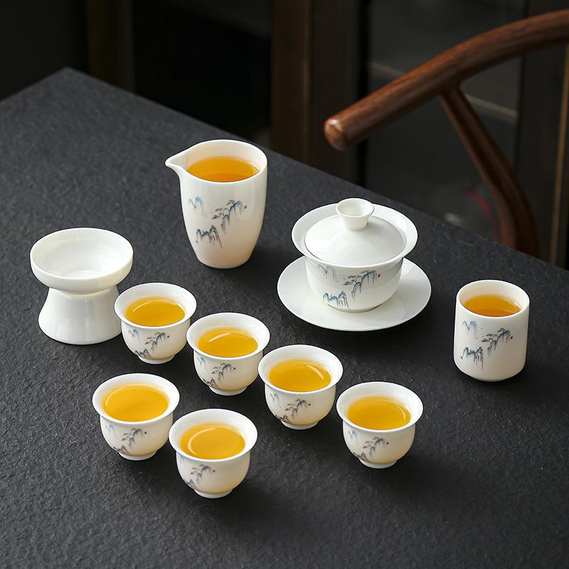 晟翔陶瓷茶具羊脂玉蓝山峰盖碗主人杯11件套
