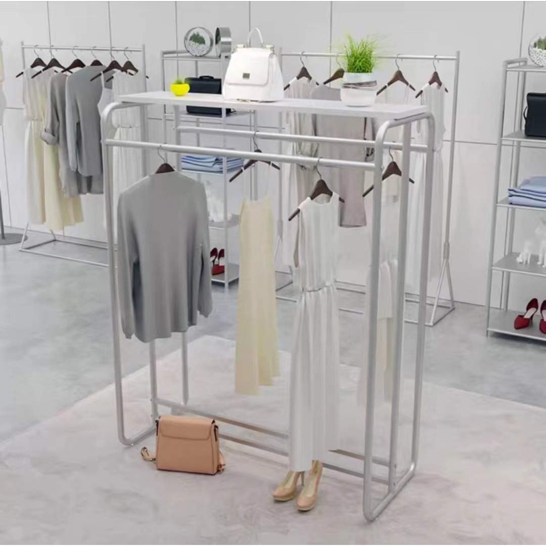 服装店双排中岛架不锈钢拉丝银色网红女装童装货架落地挂衣杆架子