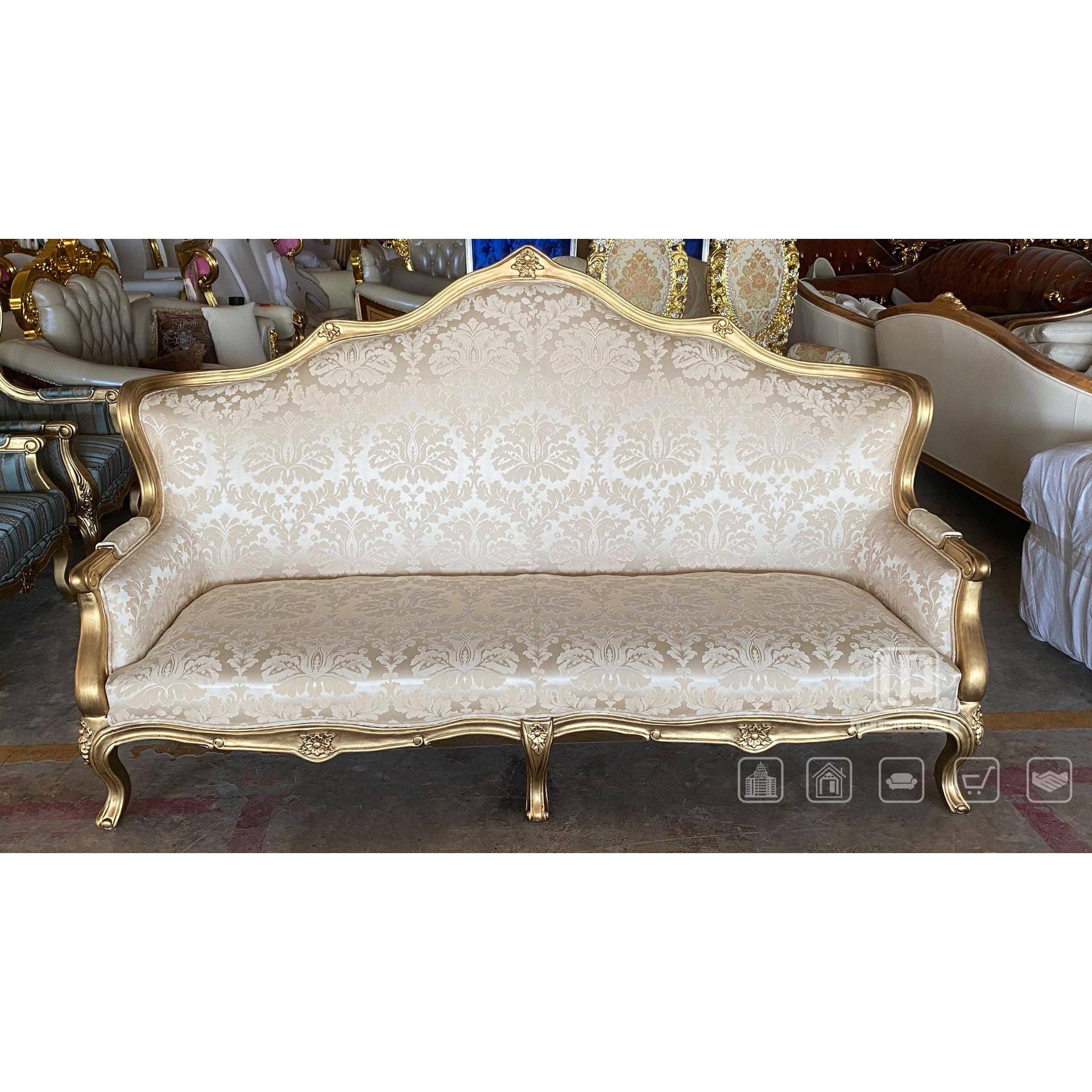 经典欧式豪华别墅实木雕刻3人位沙发精致花纹布艺淡金色沙发