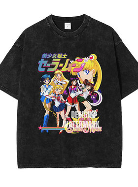 美少女战士t恤水洗做旧印花美式复古 水野亚美 月野兔短袖宽松