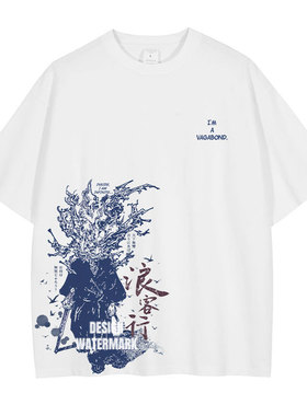 浪客行t恤水洗做旧印花美式复古 宫本武藏短袖宽松潮牌男装
