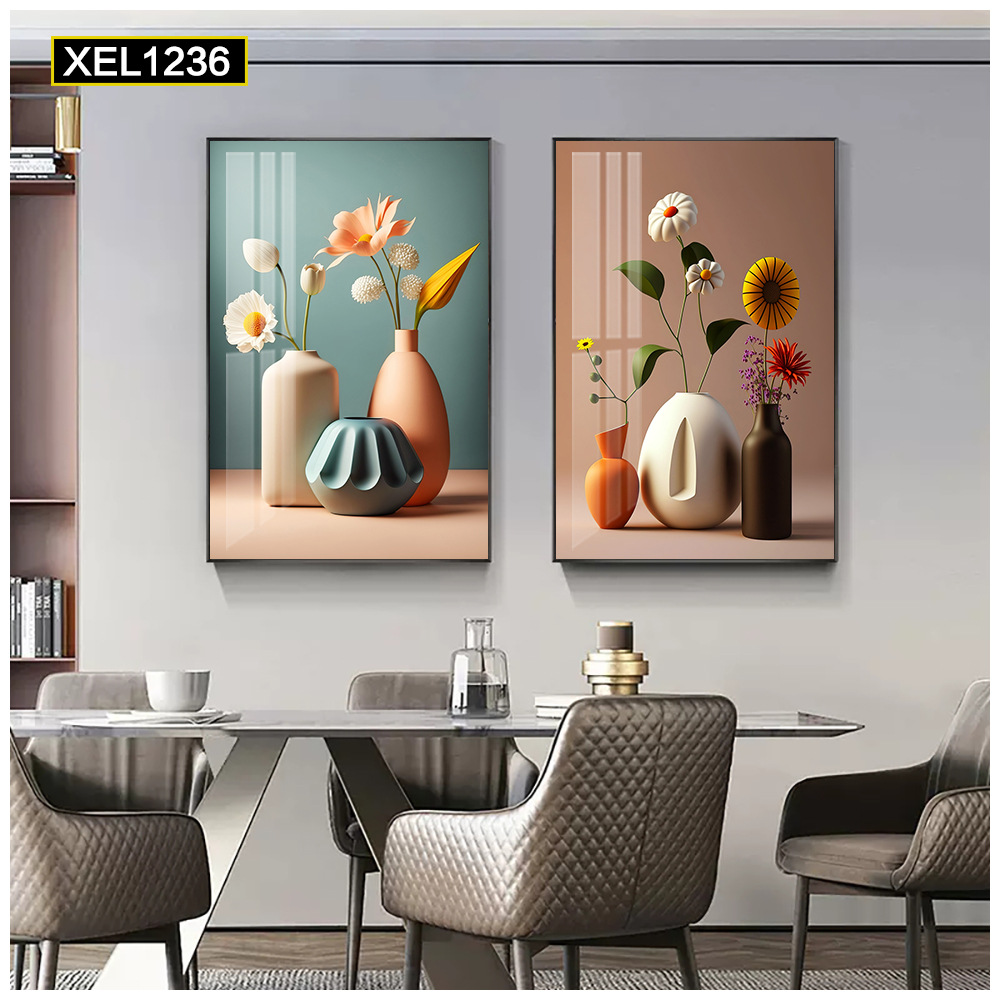 两联花瓶花朵客厅墙面装饰画餐厅饭厅背景墙壁画清新艺术晶瓷挂画图片