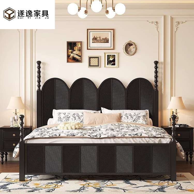 黑色轻奢美式双人床1.8米储物高箱1.5m雕花中古风法式复古实木床