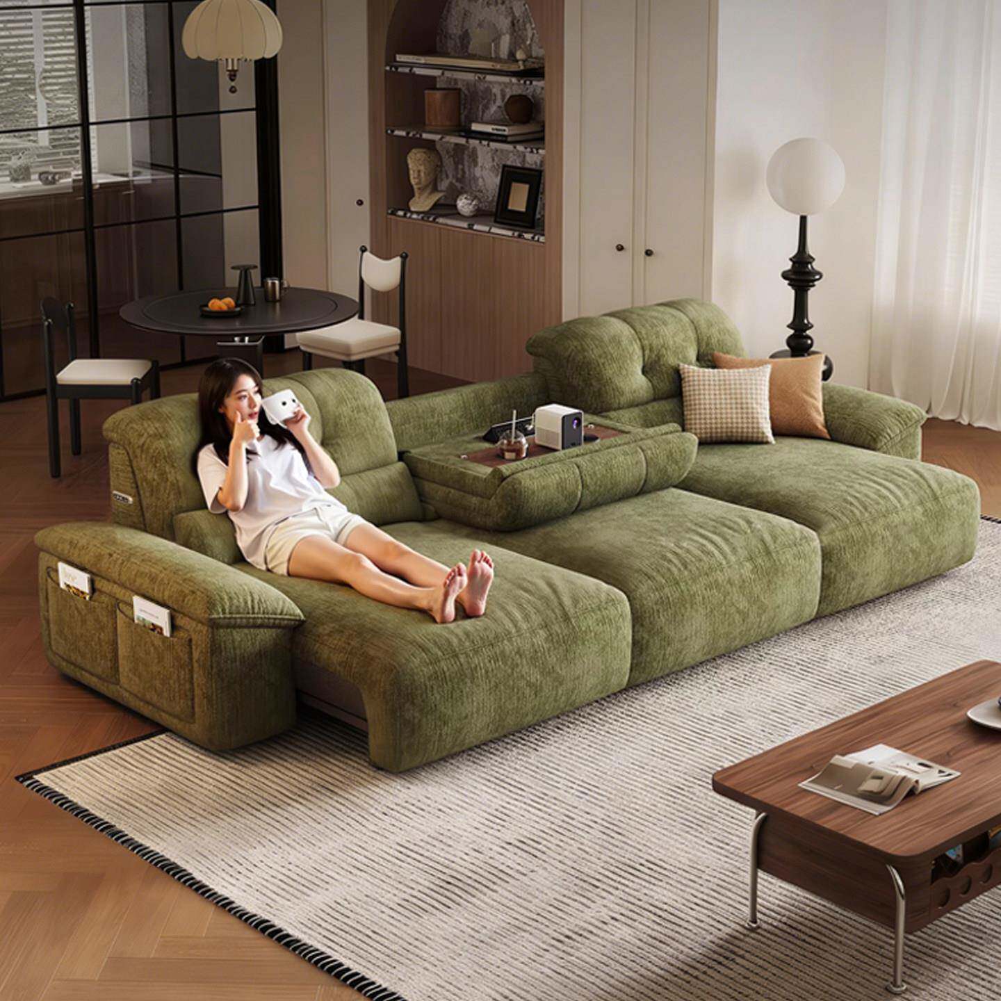 泡芙电动功能沙发布艺客厅小户型奶油风带翻盖茶几2026新款沙发