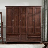 美式 实木衣柜五门平开门家用卧室储物柜子对开门复古乡寸收纳衣橱