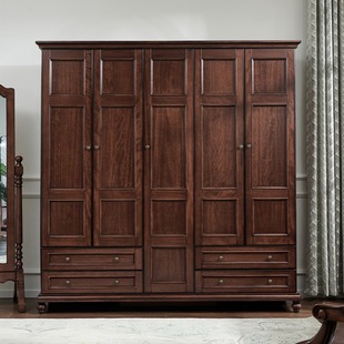 美式实木衣柜五门平开门家用卧室储物柜子对开门复古乡寸收纳衣橱
