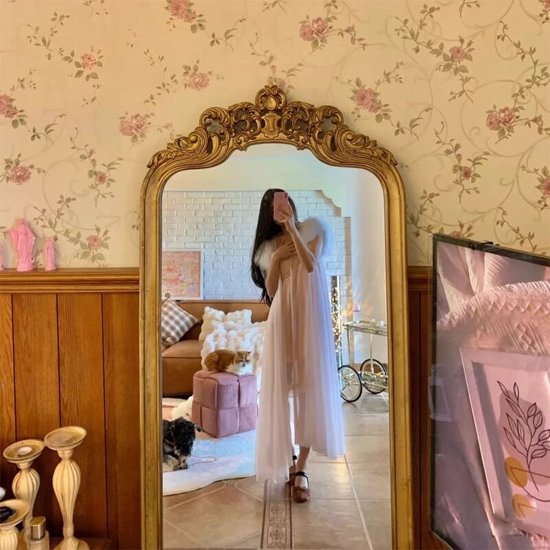 法式复古全身镜实木壁挂家用落地试衣镜子欧式复古挂墙奢华穿衣镜