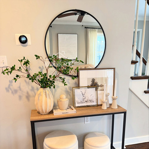 中古风圆形玄关装饰镜美式法式卫生间智能化妆镜子卧室壁炉梳妆镜