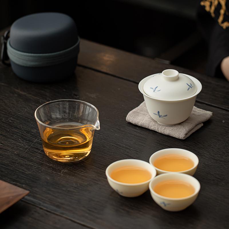 手绘兰花碗便茶杯旅行茶具小套装携式户手外泡手绘羊脂茶陶盖瓷快