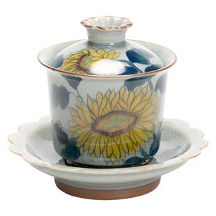 冰片釉纯手绘向日葵盖碗陶瓷茶碗茶杯单功夫泡茶带盖不烫手