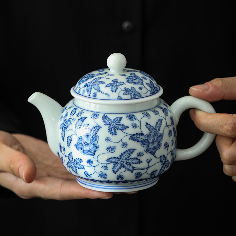 速发白瓷青花秋葵家功用夫泡茶壶单壶正把壶高茶陶瓷端具套装伴手