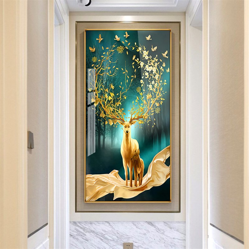 速发晶瓷画玄关装饰画入挂墙面户画简约客壁走廊厅画发财鹿镶钻