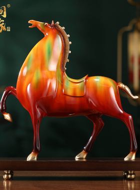 速发黄铜马到成功唐三彩唐马摆件新中式办公室务厅酒柜礼饰品商客