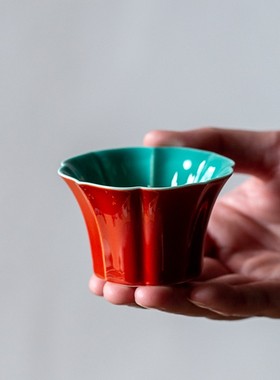 速发故宫红花瓣茶杯松主绿家用石人杯陶瓷品茗杯功夫茶具复古中式