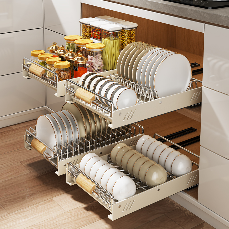 速发不锈钢碗碟盘收免架抽孔式拉篮厨房橱柜沥水碗架纳打屉抽拉式
