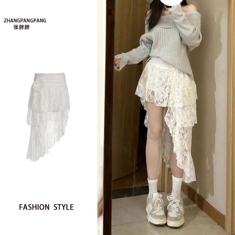 速发大码白色不规则玫瑰斜花边蛋糕半身裙新款小众设计感蕾丝裙
