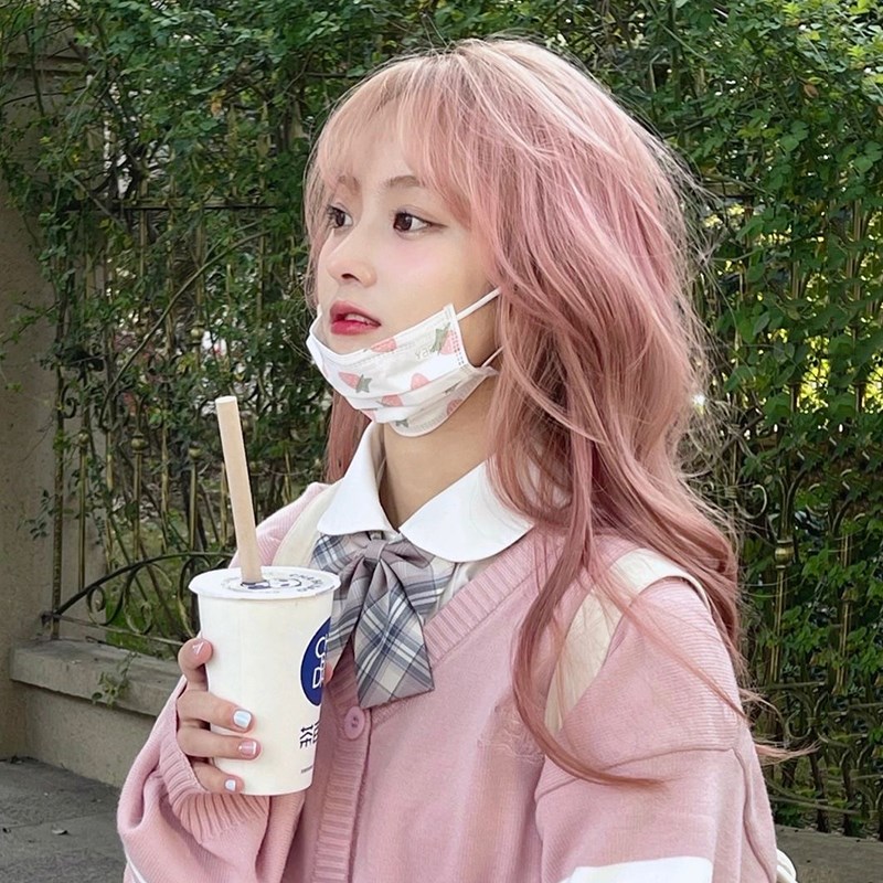 速发粉色假发a发套头全大波浪卷发圆脸Lit长日常彩色假发套