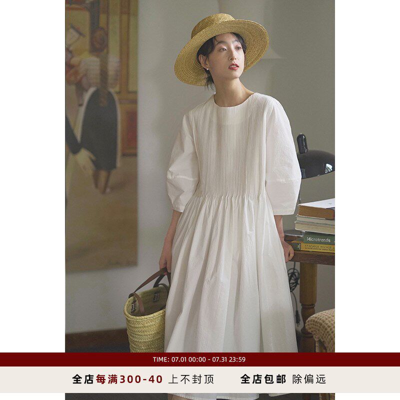 速发e裙60支长绒气 纸感白色法式连衣裙夏棉质小白 子