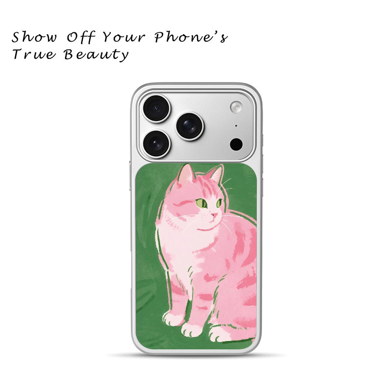 粉色虎斑猫手机壳深绿底绿眼睛猫咪苹果18promax新款手机壳iPhone air/17pro/15plus14玻璃13pro手机套冰感