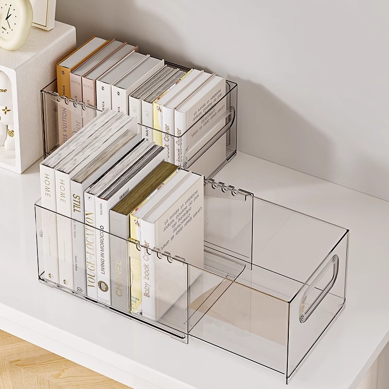 可伸缩透明亚克力收纳盒大容量桌面书本书籍置物架文具杂物整理筐