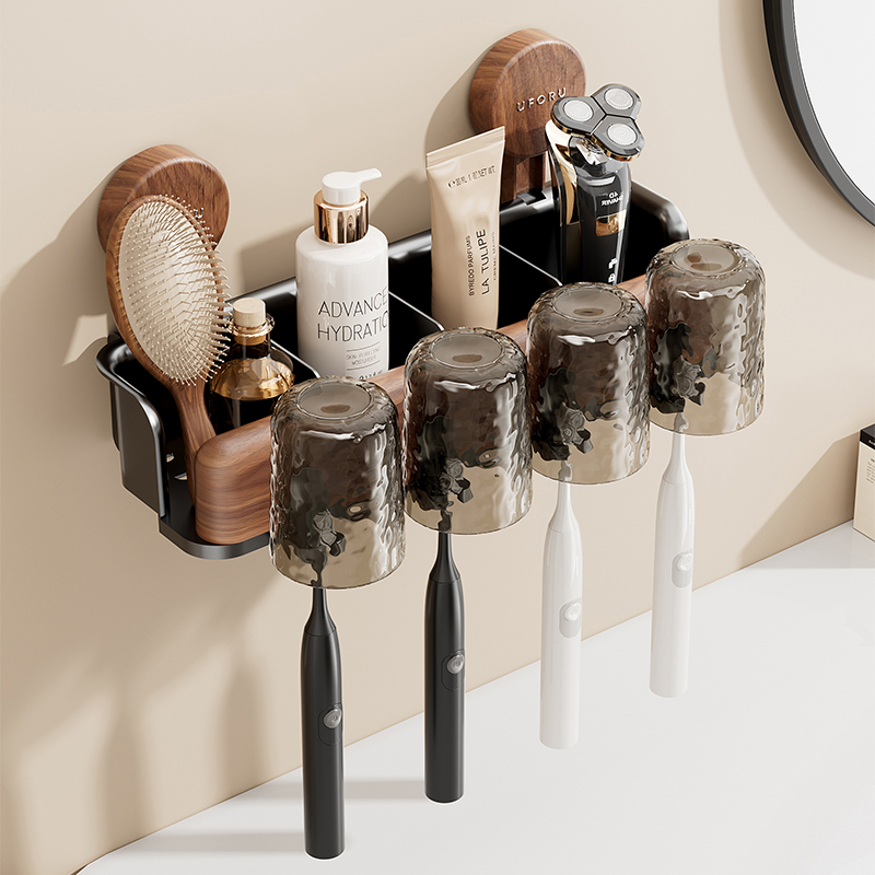 胡桃木色壁挂式吸盘牙刷牙膏架