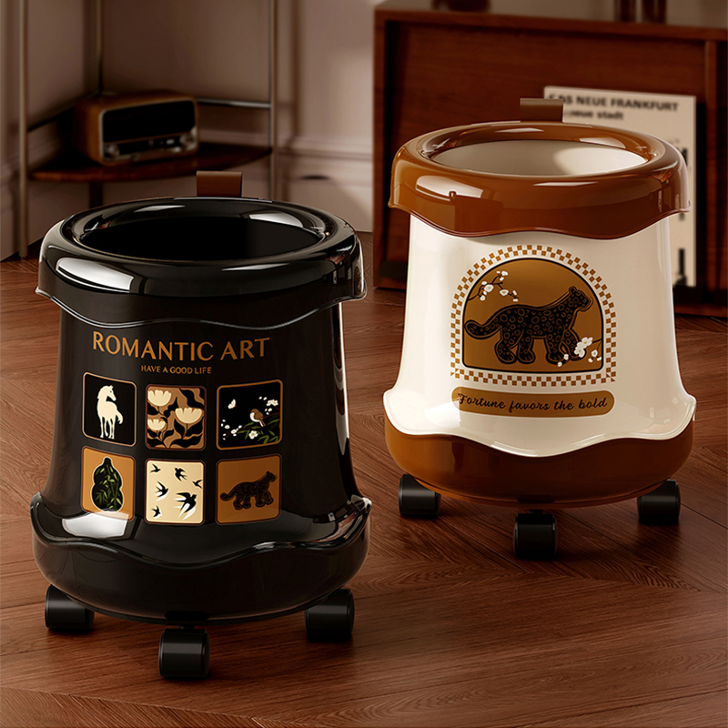 中古风带盖垃圾桶家用低噪带万向轮大容量创意装饰厨房客厅垃圾筒