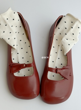 DCYI红色可爱蝴蝶结平底单鞋女软底一脚蹬懒人鞋白色玛丽珍小皮鞋