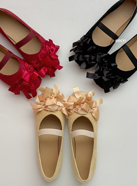 DCYI法式黑色蝴蝶结平底单鞋女浅口软底一脚蹬配裙子红色玛丽珍鞋
