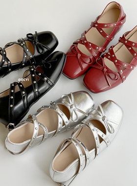 DCYI内增高银色单鞋女厚底坡跟玛丽珍黑色小皮鞋红色铆钉芭蕾舞鞋
