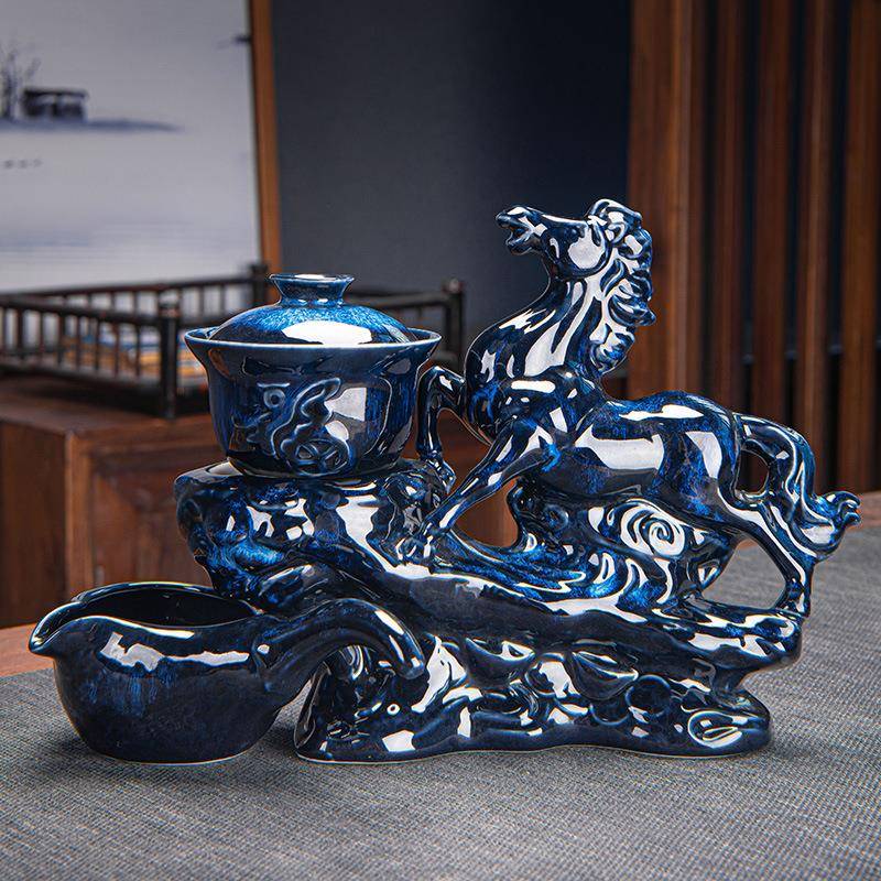 乳釉光蓝转钧瓷自动茶具乳光蓝釉套装高端茶楼釉花窑变彩斑陶瓷茶