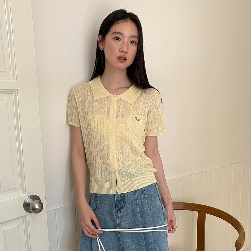小狗刺绣薄款冰丝亚麻针织短袖t恤开衫女2025夏季新款990