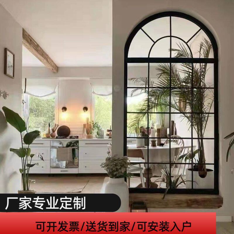 法式复古铁艺真假窗户壁饰客厅屏风半圆拱形墙面装饰玻璃玄关隔断