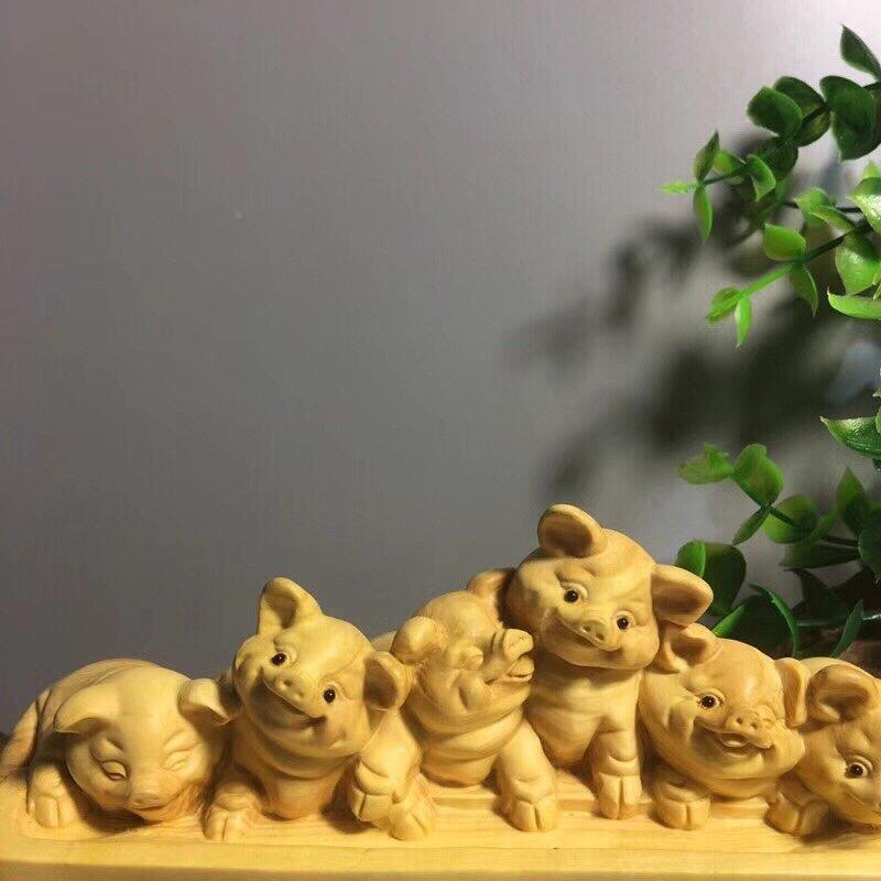 黄杨木雕七小福摆十二生肖726猪把件车载手摆件饰木猪质工艺品